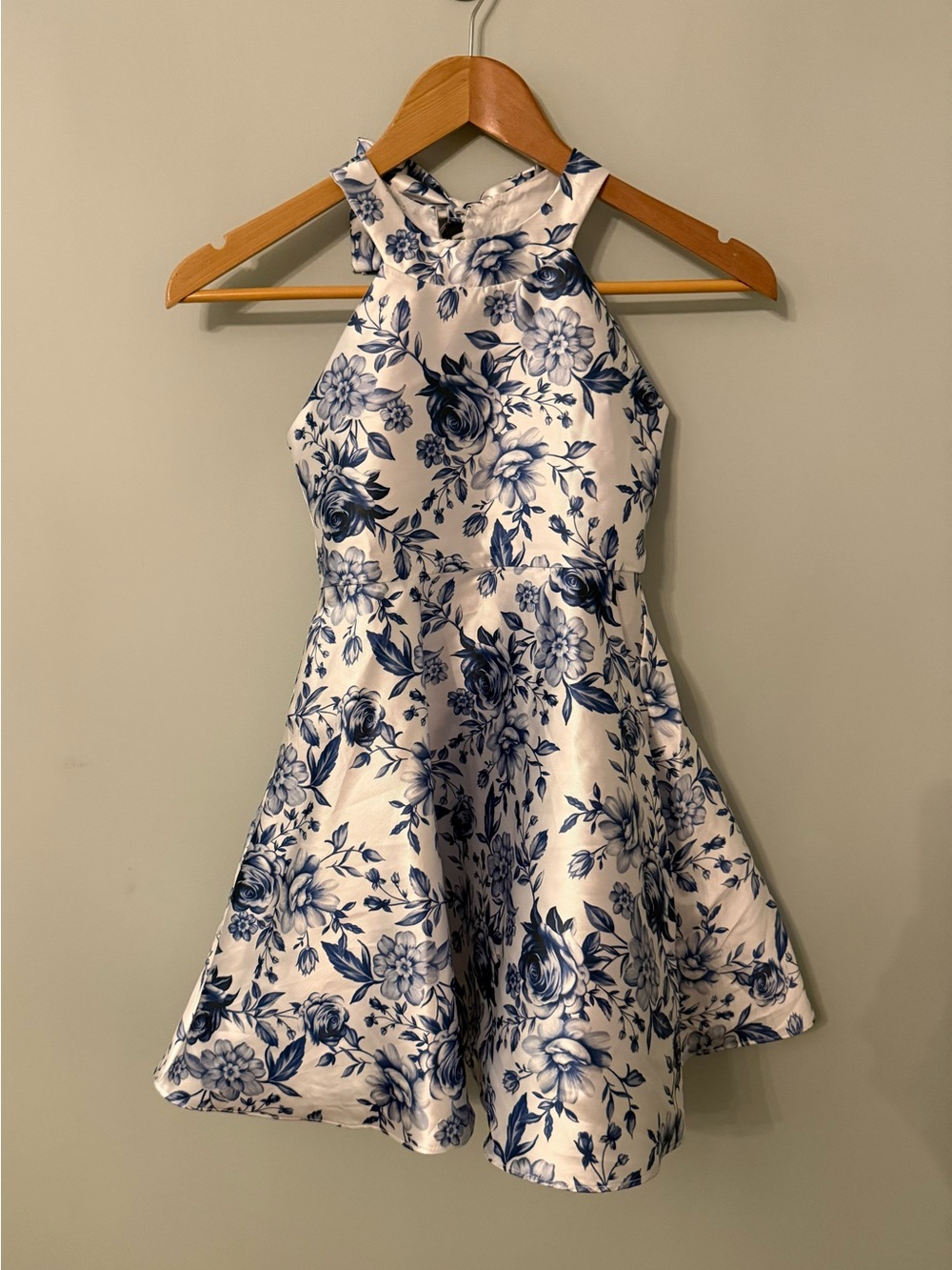Girls White and Blue Floral Halter Fit-&-Flare Dress Size 7/8